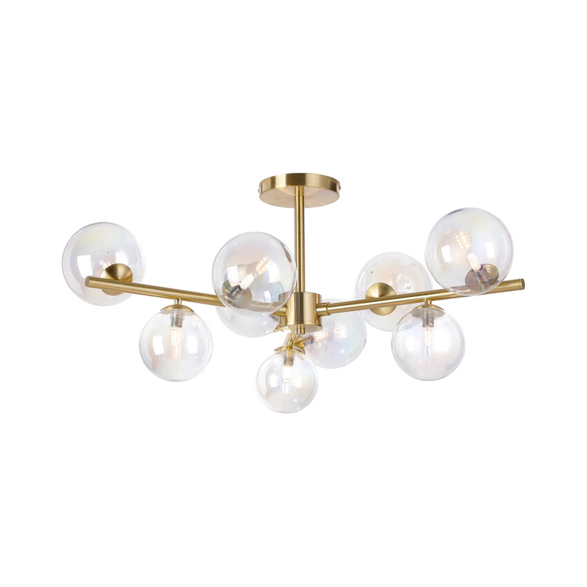 Photograph: Idolite Calix Satin Gold 88cm Semi-Flush 3 Arm 9 Light Complete With Iridescent Plated Glass Globe Shades