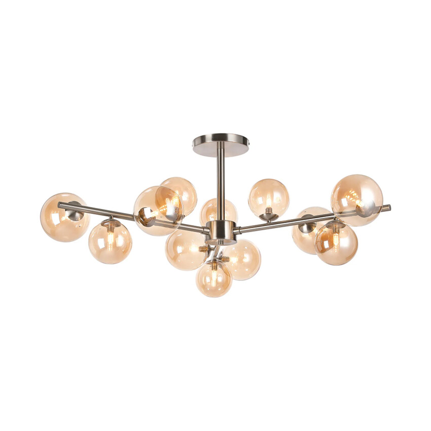 Photograph: Idolite Calix Satin Nickel 110cm Semi-Flush 3 Arm 12 Light Complete With Amber Plated Glass Globe Shades