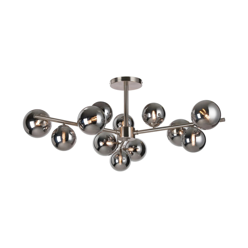 Photograph: Idolite Calix Satin Nickel 110cm Semi-Flush 3 Arm 12 Light Complete With Chrome Plated Glass Globe Shades