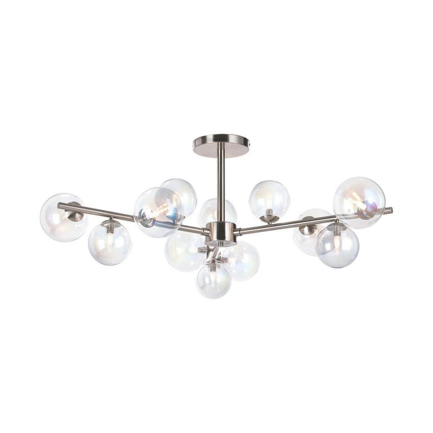 Photograph: Idolite Calix Satin Nickel 110cm Semi-Flush 3 Arm 12 Light Complete With Iridescent Plated Glass Globe Shades
