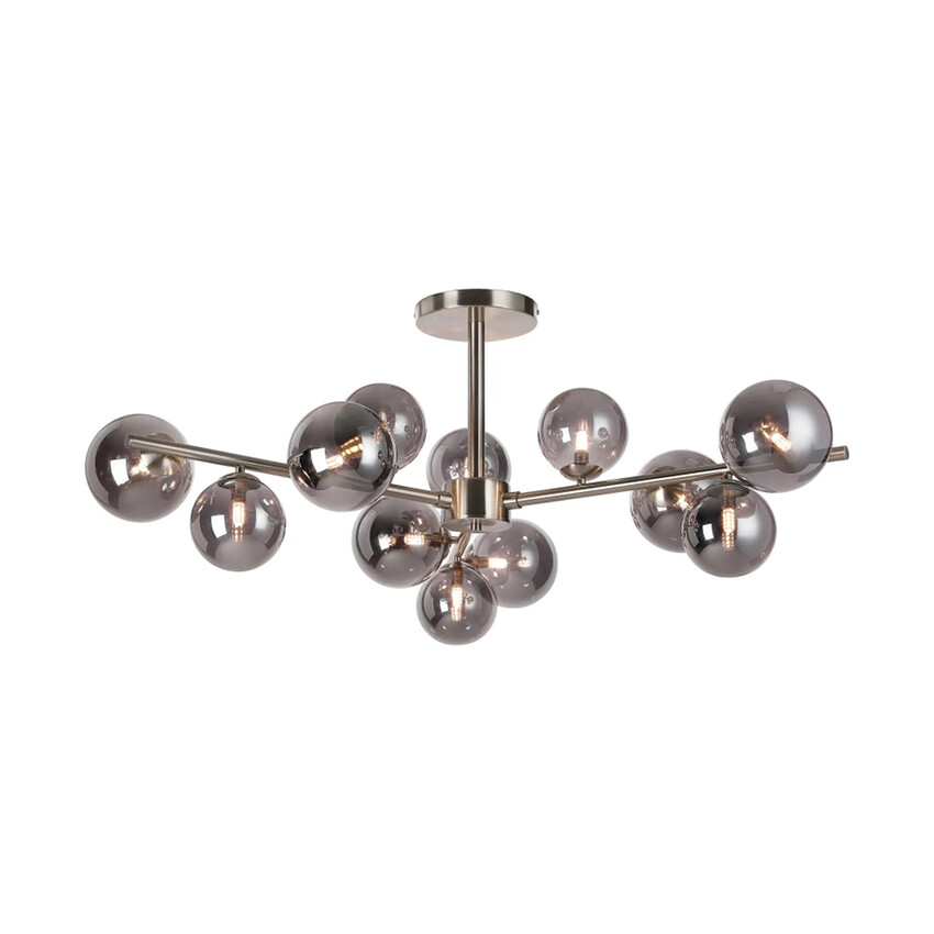 Photograph: Idolite Calix Satin Nickel 110cm Semi-Flush 3 Arm 12 Light Complete With Smoke Plated Glass Globe Shades