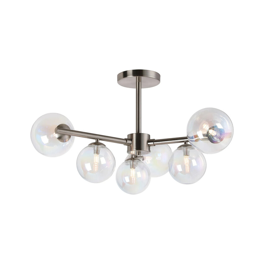 Photograph: Idolite Calix Satin Nickel 71.5cm Semi-Flush 3 Arm 6 Light Complete With Iridescent Plated Glass Globe Shades