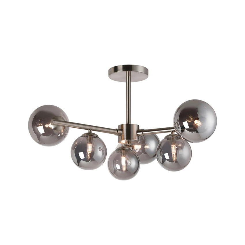Photograph: Idolite Calix Satin Nickel 71.5cm Semi-Flush 3 Arm 6 Light Complete With Smoke Plated Glass Globe Shades