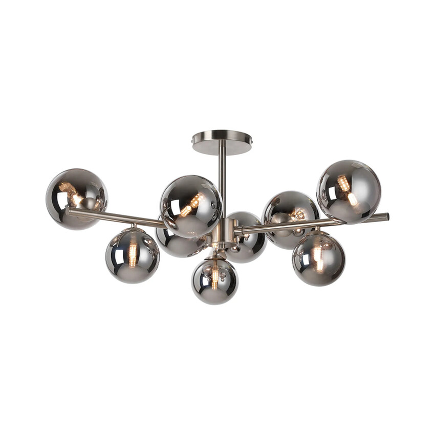 Photograph: Idolite Calix Satin Nickel 88cm Semi-Flush 3 Arm 9 Light Complete With Chrome Plated Glass Globe Shades