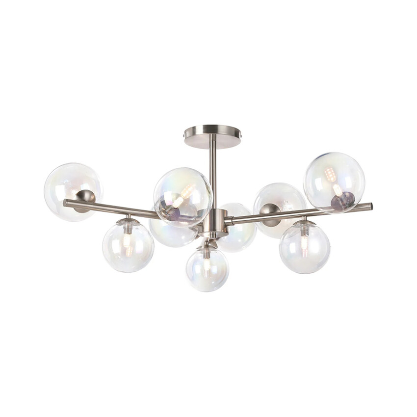 Photograph: Idolite Calix Satin Nickel 88cm Semi-Flush 3 Arm 9 Light Complete With Iridescent Plated Glass Globe Shades
