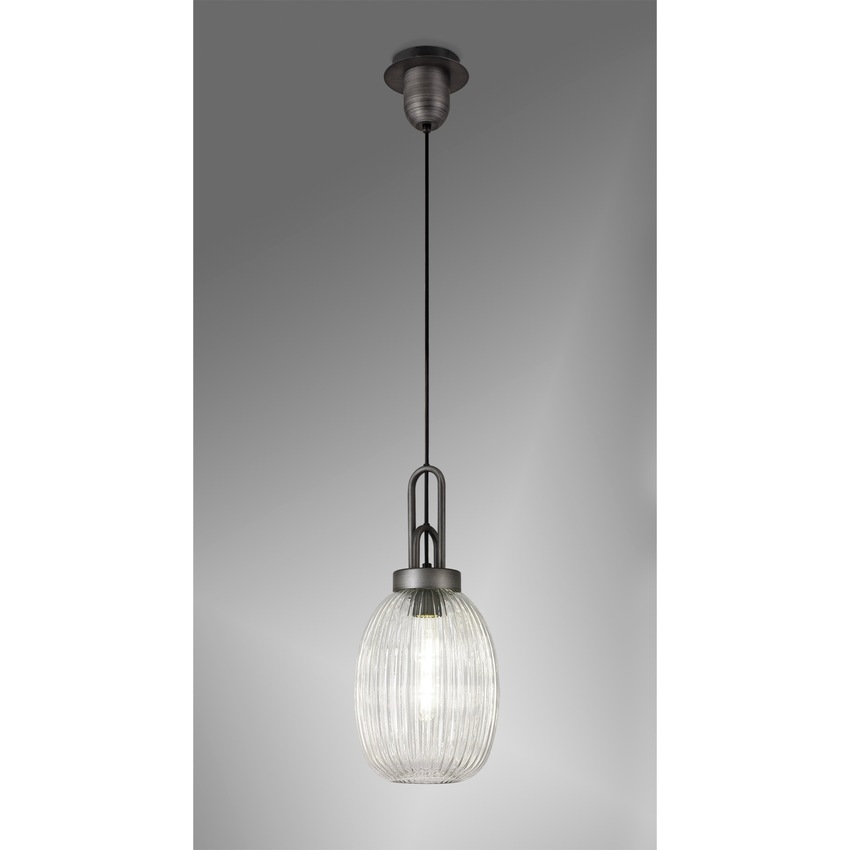 Photograph: Idolite Camille 1 Light Pendant E27 20cm Almond Ribbed Glass, Clear Black/Aged Pewter
