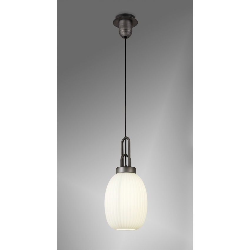 Photograph: Idolite Camille 1 Light Pendant E27 20cm Almond Ribbed Glass, Opal Black/Aged Pewter