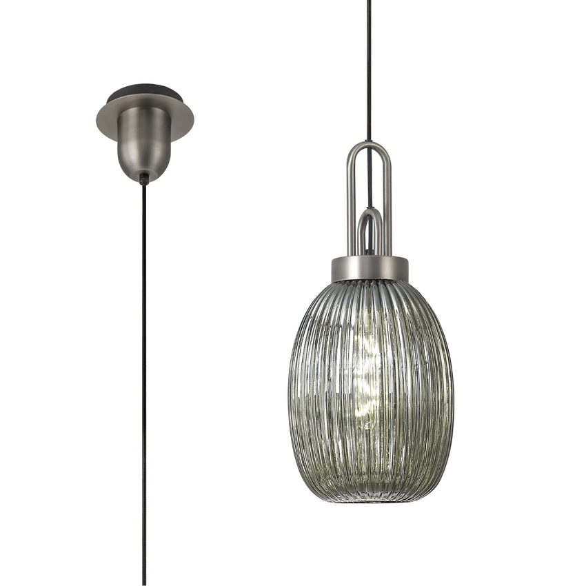 Photograph: Idolite Camille 1 Light Pendant E27 20cm Almond Ribbed Glass, Smoked Antique Silver/Black