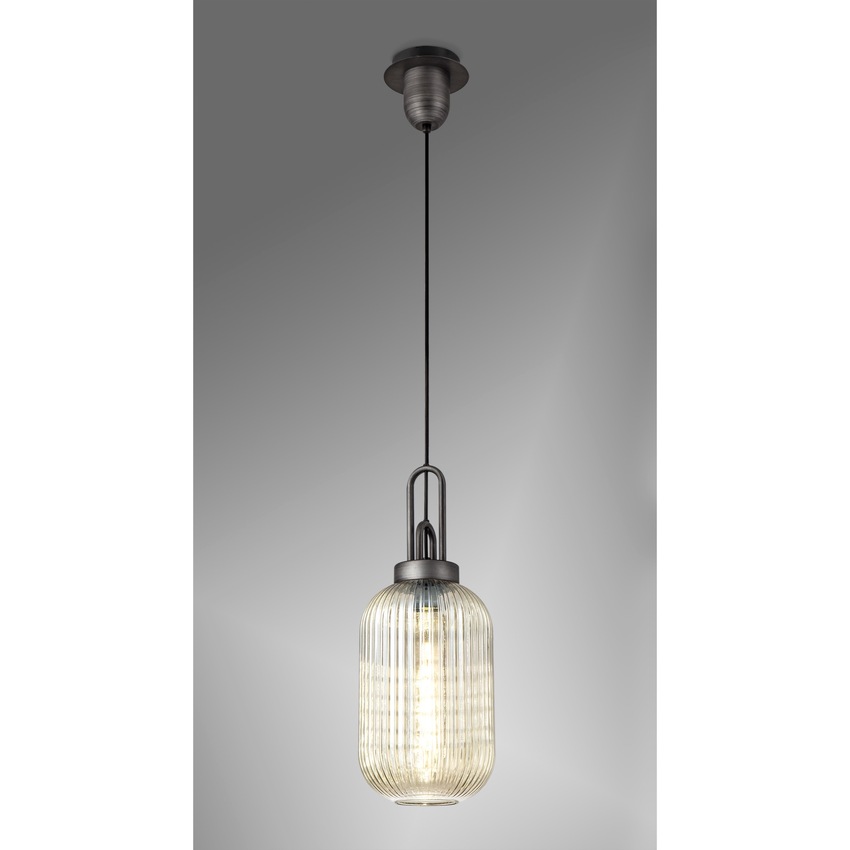 Photograph: Idolite Camille 1 Light Pendant E27 20cm Tubular Ribbed Glass, Champagne Black/Aged Pewter