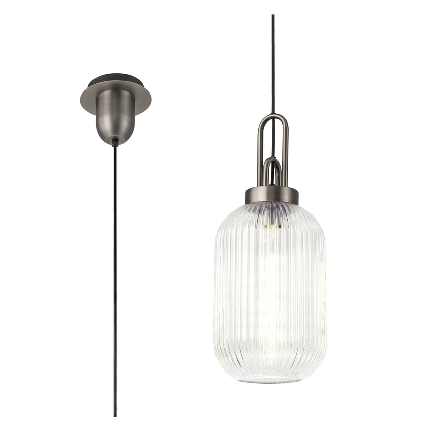Photograph: Idolite Camille 1 Light Pendant E27 20cm Tubular Ribbed Glass, Clear Antique Silver/Black