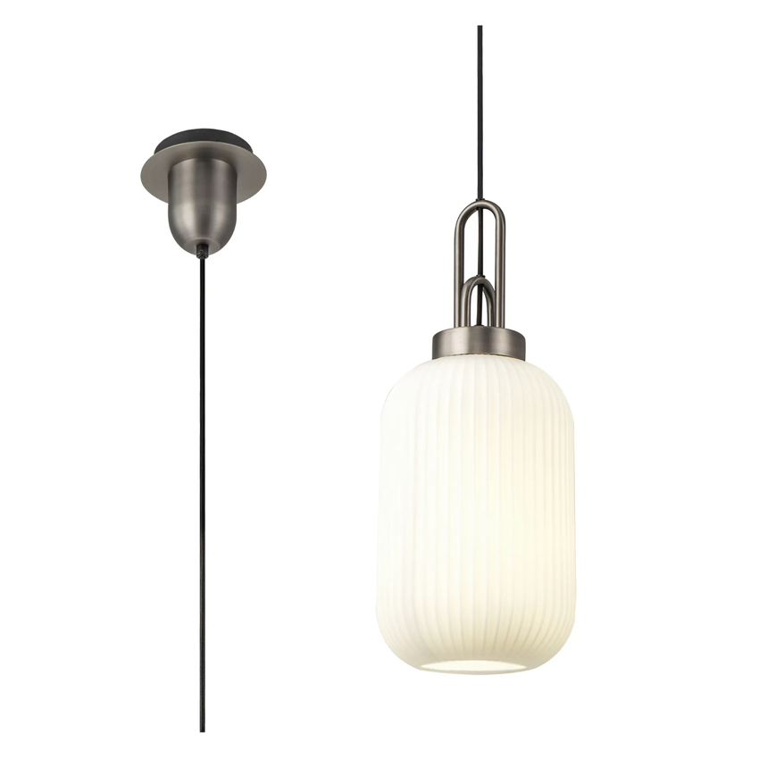 Photograph: Idolite Camille 1 Light Pendant E27 20cm Tubular Ribbed Glass, Opal Antique Silver/Black