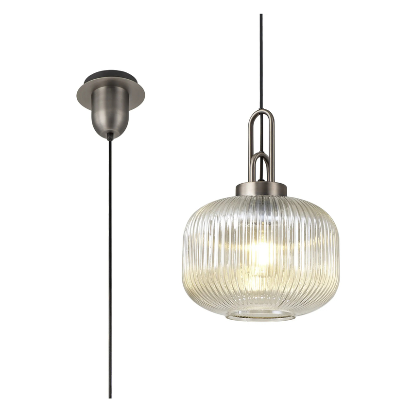 Photograph: Idolite Camille 1 Light Pendant E27 30cm Pumpkin Shaped Ribbed Glass, Champagne Antique Silver/Black