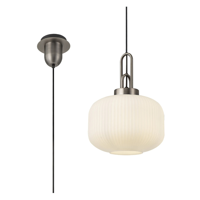 Photograph: Idolite Camille 1 Light Pendant E27 30cm Pumpkin Shaped Ribbed Glass, Opal Antique Silver/Black