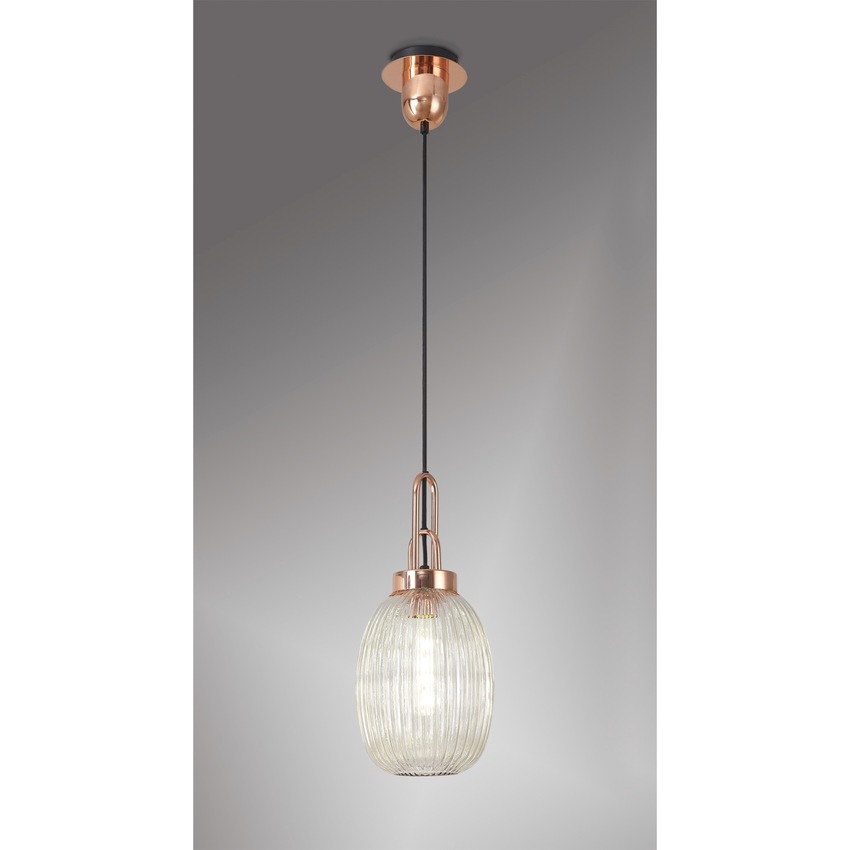 Photograph: Idolite Camille 1 Light Pendant E27 With 20cm Almond Ribbed Glass, Champagne Copper/Matt Black