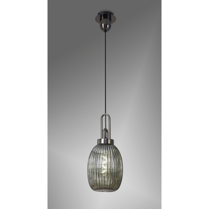 Photograph: Idolite Camille 1 Light Pendant E27 With 20cm Almond Ribbed Glass, Smoked Black Chrome/Matt Black