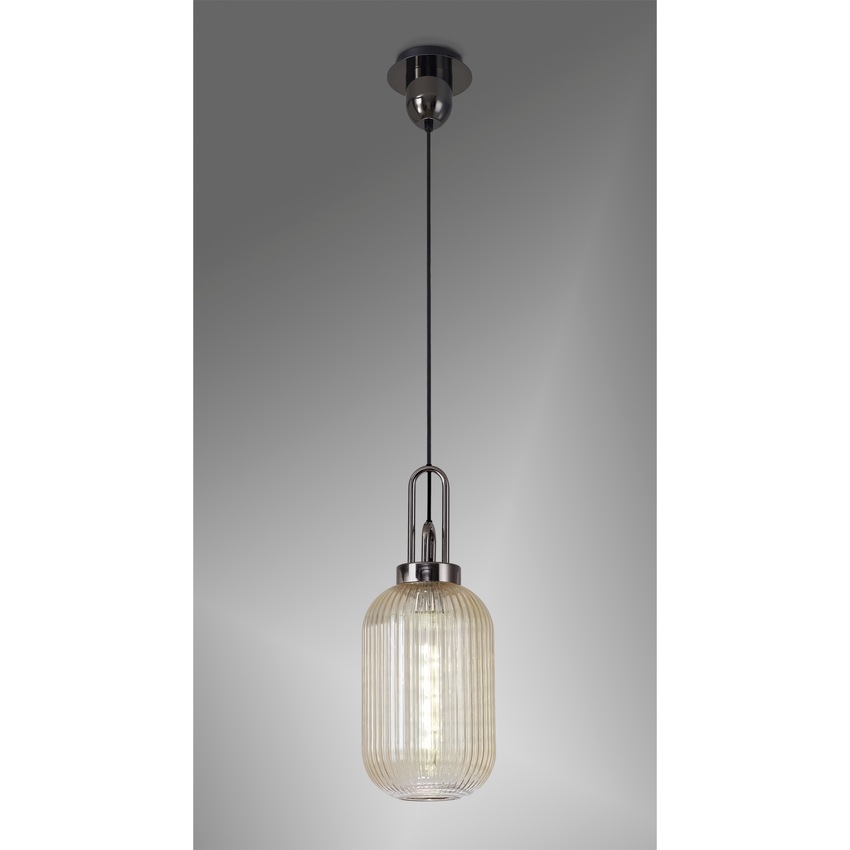 Photograph: Idolite Camille 1 Light Pendant E27 With 20cm Tubular Ribbed Glass, Champagne Black Chrome/Matt Black