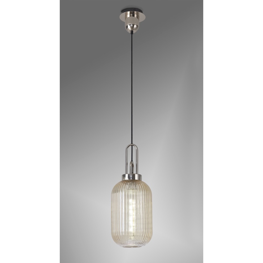 Photograph: Idolite Camille 1 Light Pendant E27 With 20cm Tubular Ribbed Glass, Champagne Polished Nickel/Matt Black