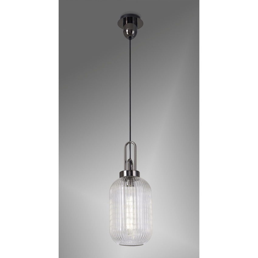 Photograph: Idolite Camille 1 Light Pendant E27 With 20cm Tubular Ribbed Glass, Clear Black Chrome/Matt Black