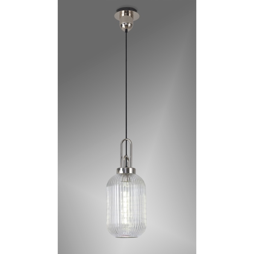 Photograph: Idolite Camille 1 Light Pendant E27 With 20cm Tubular Ribbed Glass, Clear Polished Nickel/Matt Black