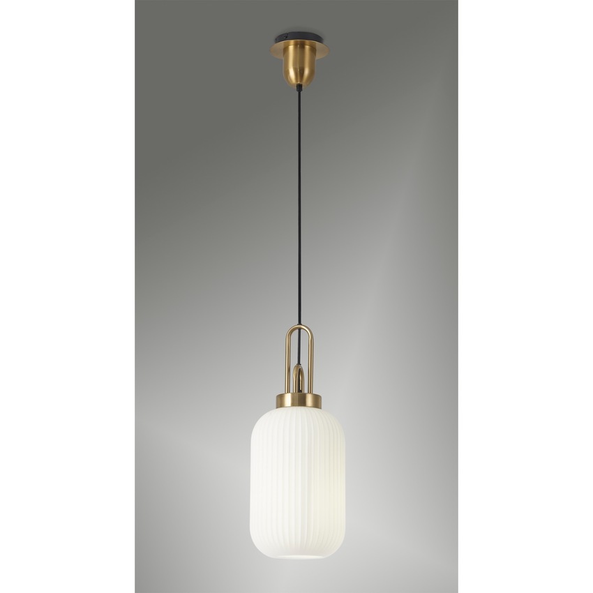 Photograph: Idolite Camille 1 Light Pendant E27 With 20cm Tubular Ribbed Glass, Opal Brass Gold/Matt Black
