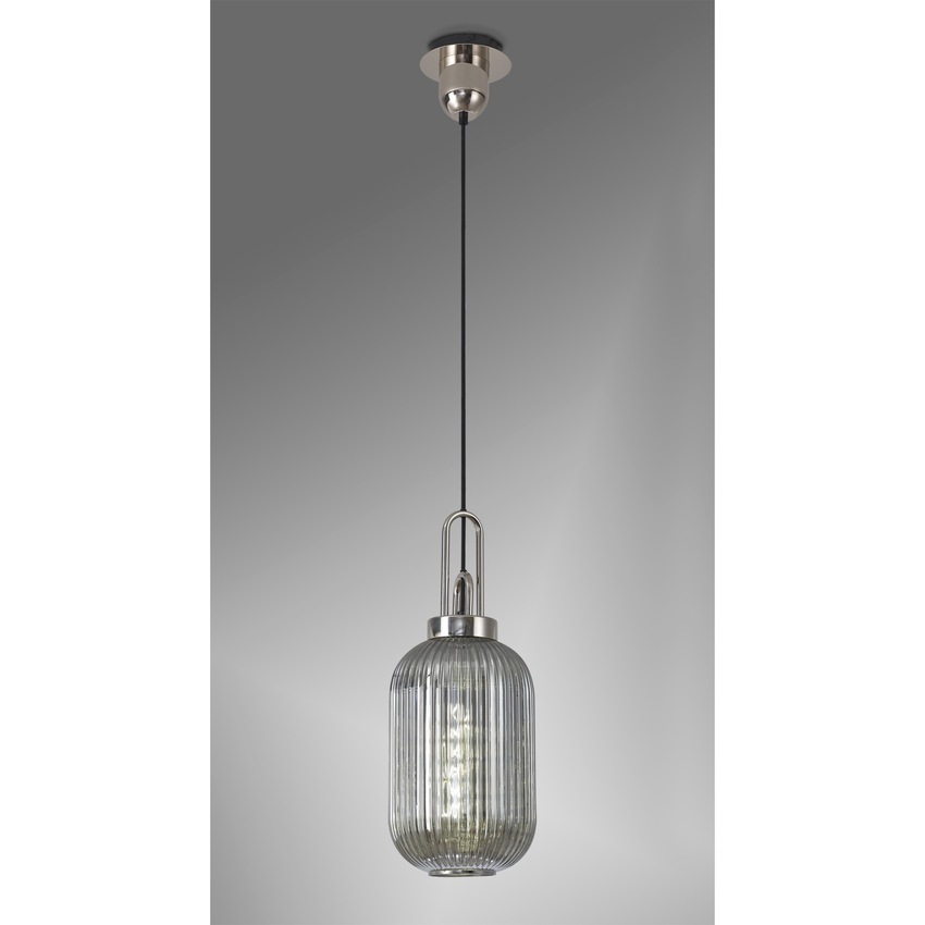 Photograph: Idolite Camille 1 Light Pendant E27 With 20cm Tubular Ribbed Glass, Smoked Polished Nickel/Matt Black