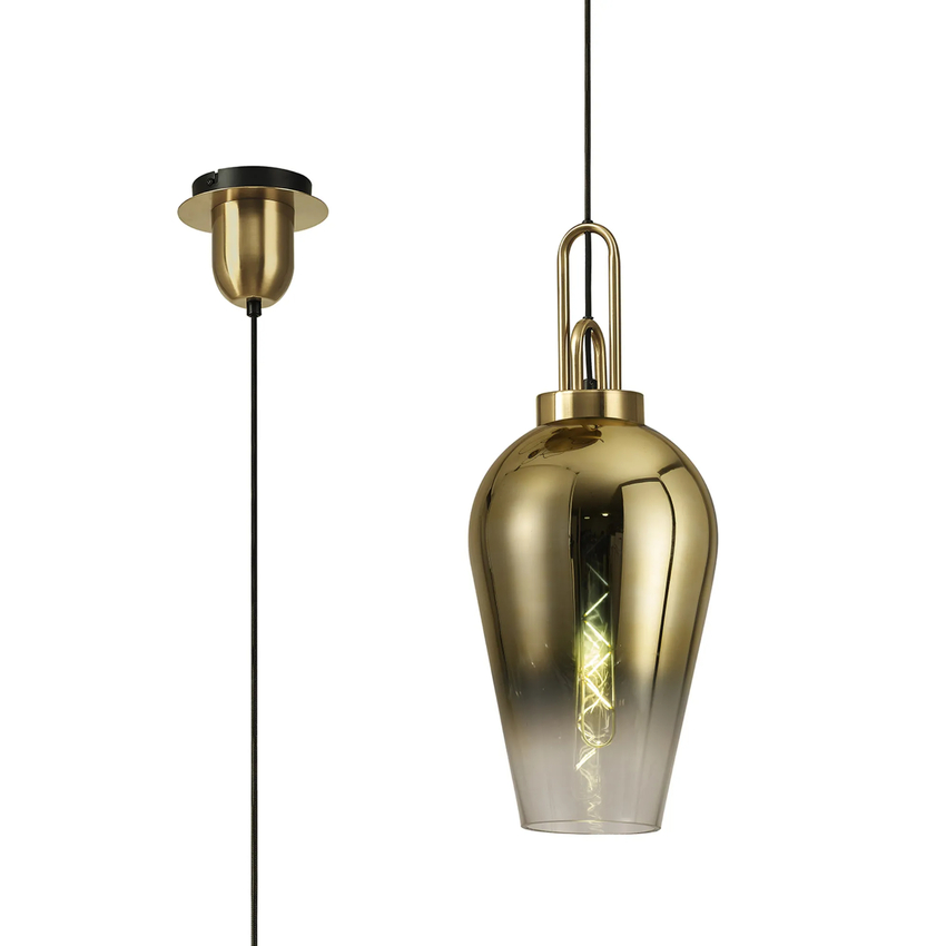 Photograph: Idolite Camille 1 Light Pendant E27 With 23cm Pear Glass, Brass Gold/Matt Black/Clear