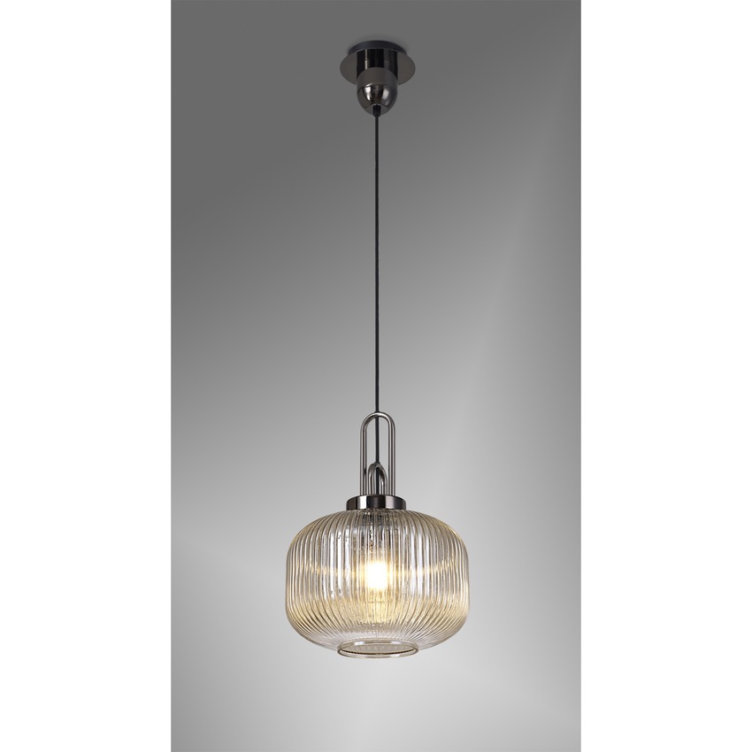 Photograph: Idolite Camille 1 Light Pendant E27 With 30cm Pumpkin Shaped Ribbed Glass, Champagne Black Chrome/Matt Black