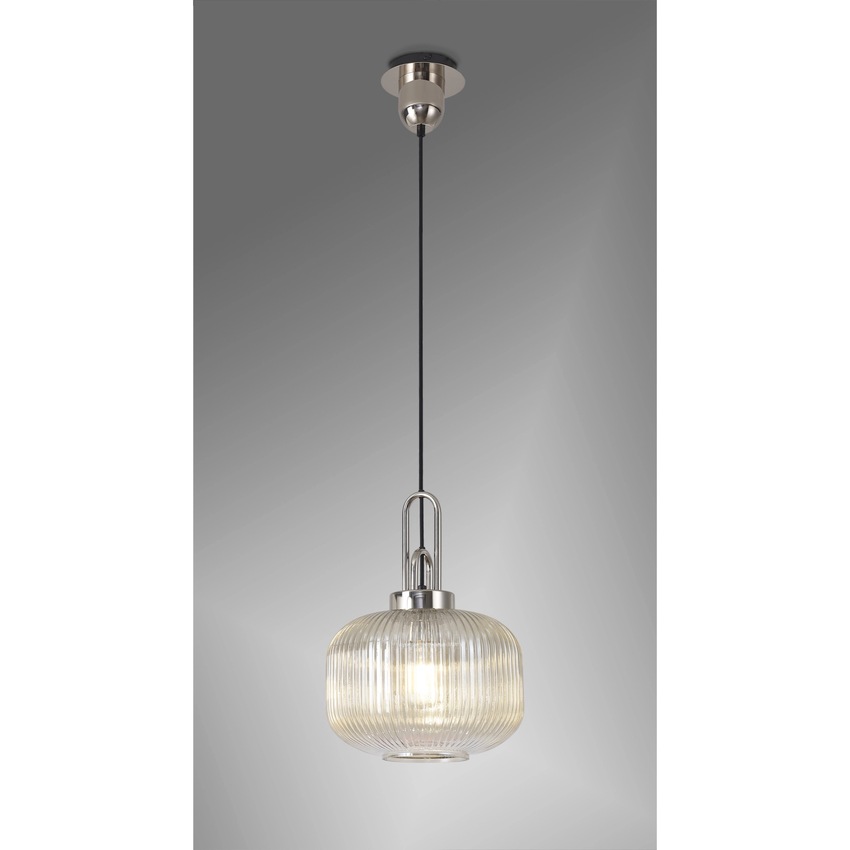 Photograph: Idolite Camille 1 Light Pendant E27 With 30cm Pumpkin Shaped Ribbed Glass, Champagne Polished Nickel/Matt Black