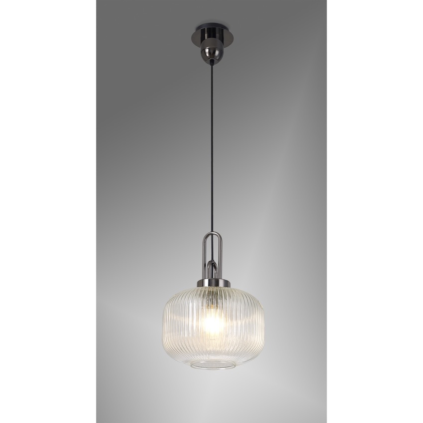 Photograph: Idolite Camille 1 Light Pendant E27 With 30cm Pumpkin Shaped Ribbed Glass, Clear Black Chrome/Matt Black
