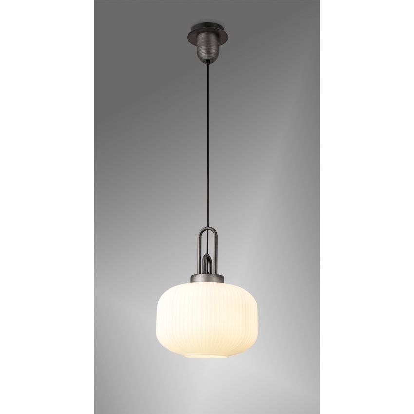 Photograph: Idolite Camille 1 Light Pendant E27 With 30cm Pumpkin Shaped Ribbed Glass, Opal Black/Aged Pewter