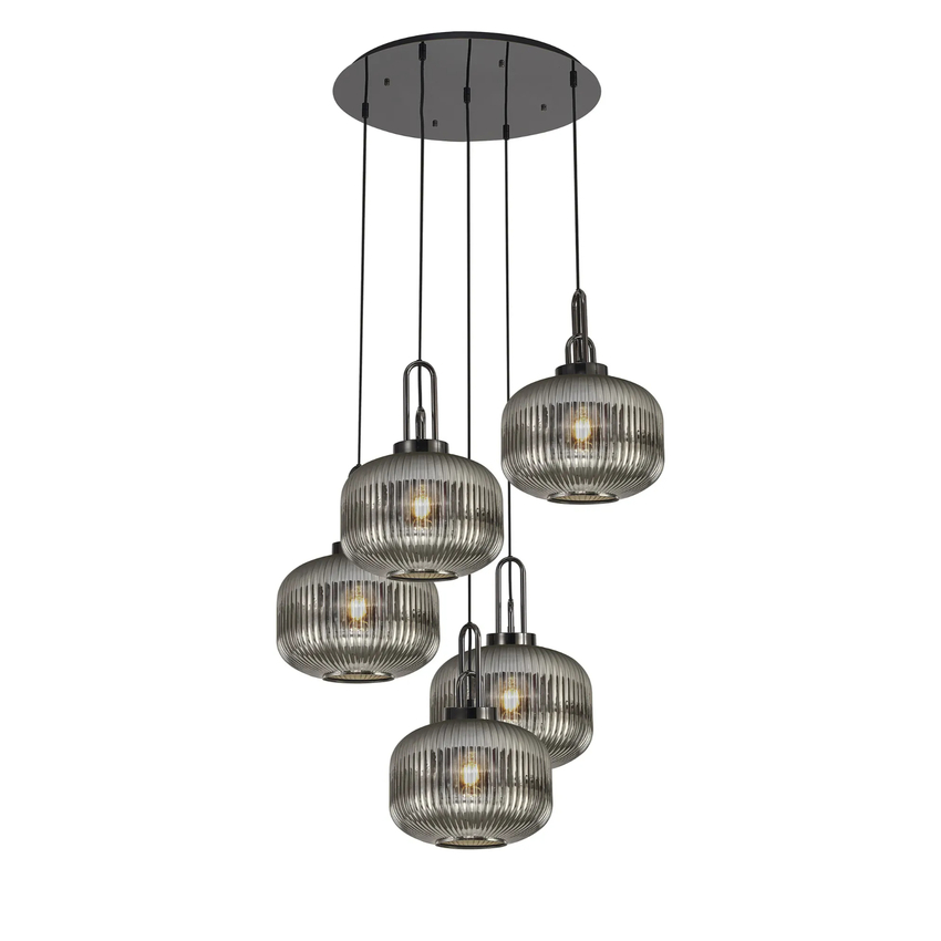 Photograph: Idolite Camille 2.5m Round Pendant, 5 x E27, Black Chrome/Matt Black With 30cm Pumpkin Shaped Ribbed Smoked Glass