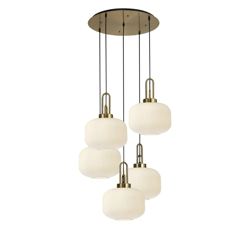 Photograph: Idolite Camille 2.5m Round Pendant, 5 x E27, Brass Gold/Matt Black With 30cm Pumpkin Shaped Ribbed Opal Glass