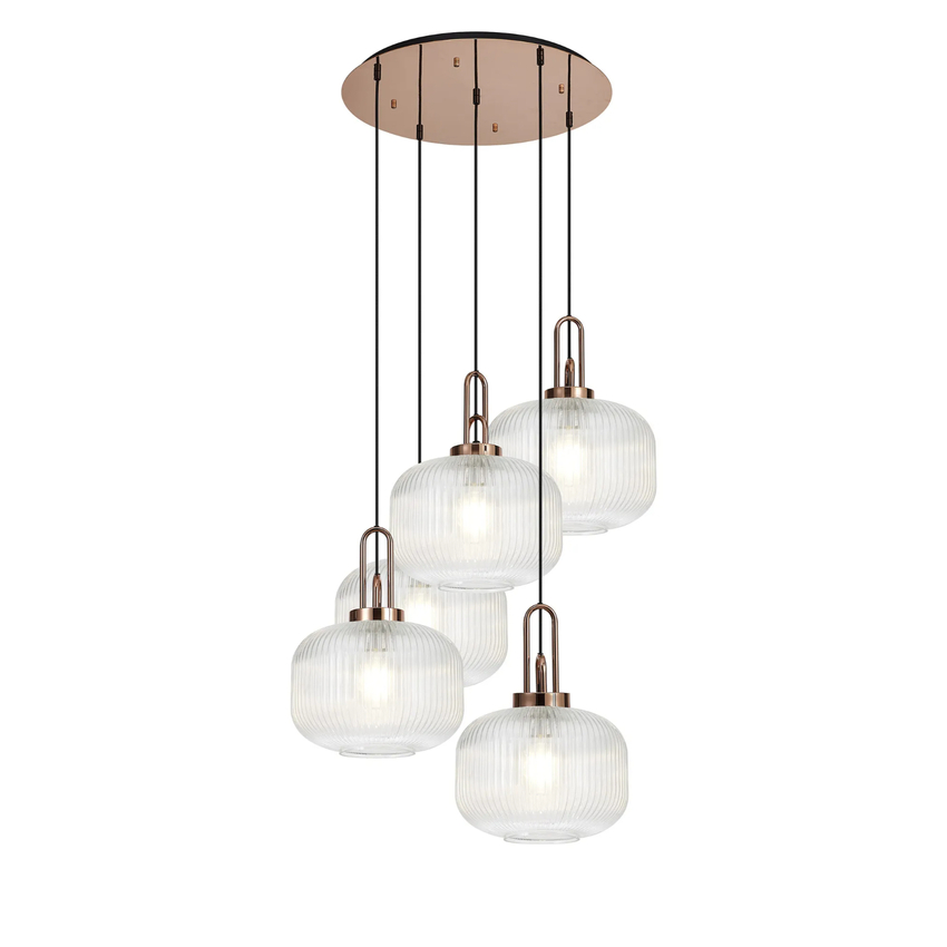 Photograph: Idolite Camille 2.5m Round Pendant, 5 x E27, Copper/Matt Black With 30cm Pumpkin Shaped Ribbed Clear Glass