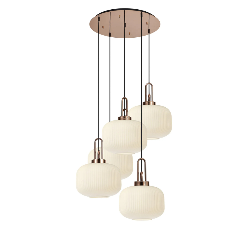 Photograph: Idolite Camille 2.5m Round Pendant, 5 x E27, Copper/Matt Black With 30cm Pumpkin Shaped Ribbed Opal Glass