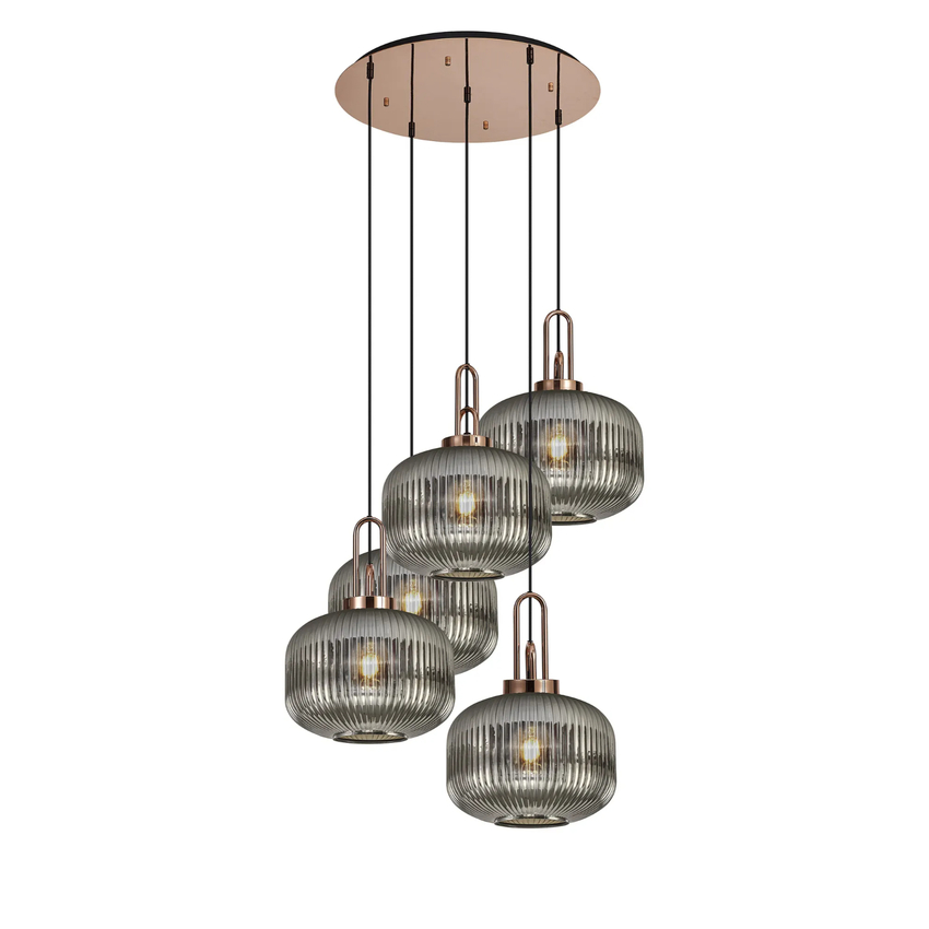 Photograph: Idolite Camille 2.5m Round Pendant, 5 x E27, Copper/Matt Black With 30cm Pumpkin Shaped Ribbed Smoked Glass