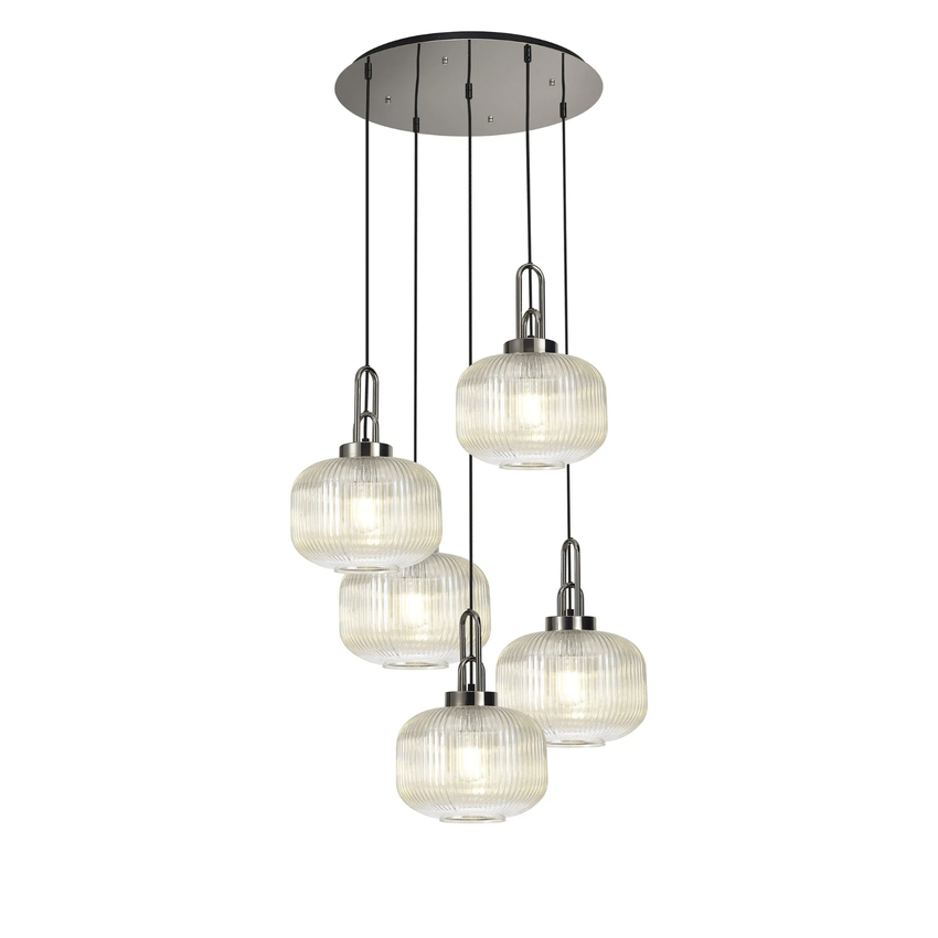 Photograph: Idolite Camille 2.5m Round Pendant, 5 x E27, Polished Nickel/Matt Black With 30cm Pumpkin Shaped Ribbed Champagne Glass