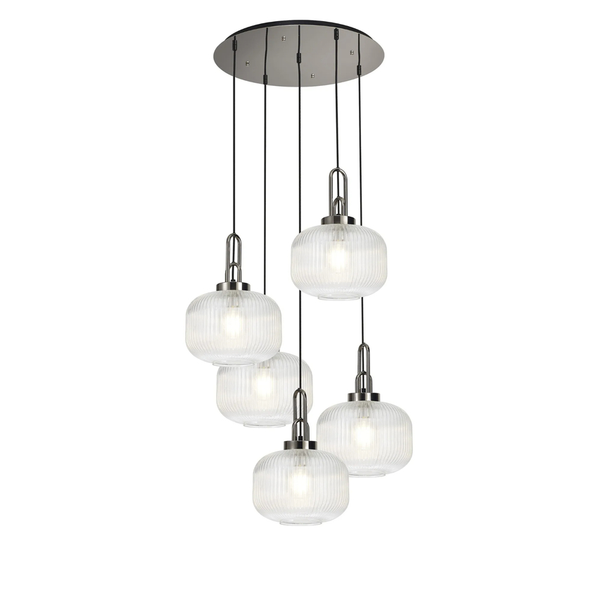 Photograph: Idolite Camille 2.5m Round Pendant, 5 x E27, Polished Nickel/Matt Black With 30cm Pumpkin Shaped Ribbed Clear Glass