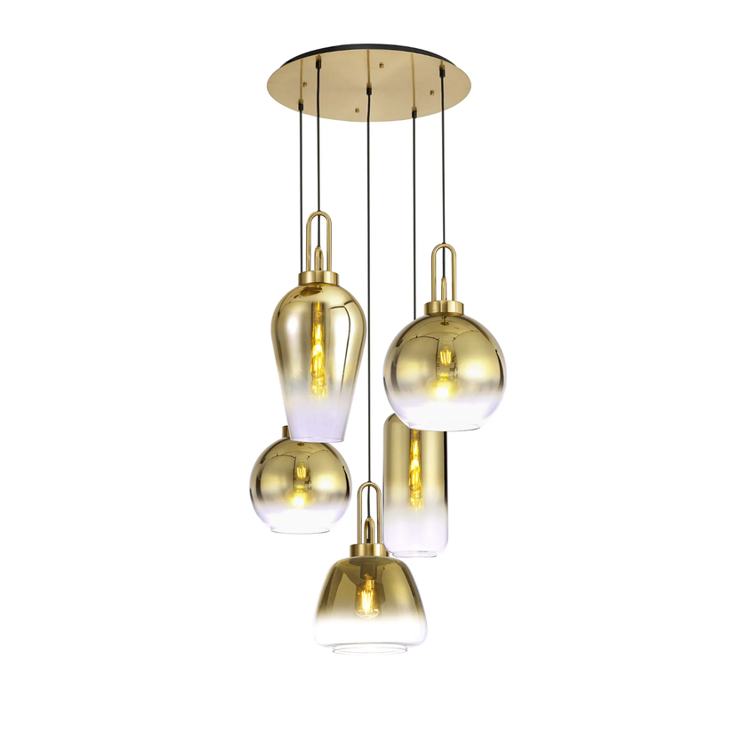 Photograph: Idolite Camille 2.5m Round Pendant 5 x E27 With Various Glasses, Brass Gold/Matt Black