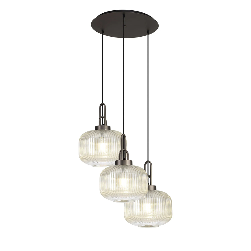 Photograph: Idolite Camille 2m Round Pendant, 3 x E27, Antique Silver/Matt Black With 30cm Pumpkin Shaped Ribbed Champagne Glass