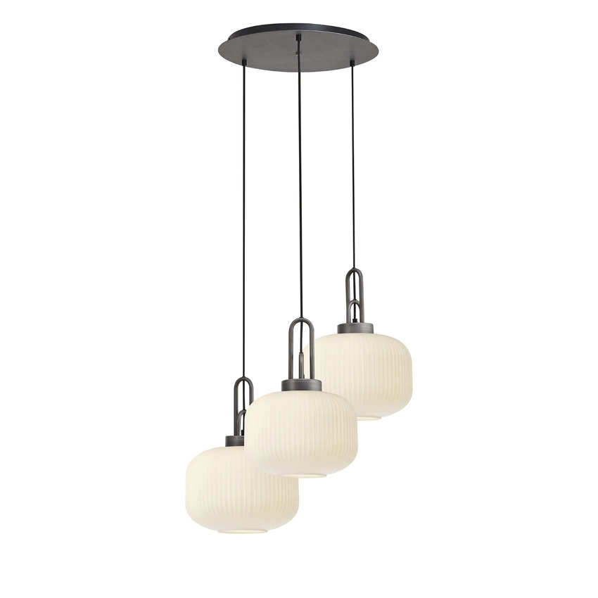 Photograph: Idolite Camille 2m Round Pendant, 3 x E27, Pewter/Matt Black With 30cm Pumpkin Shaped Ribbed Opal Glass