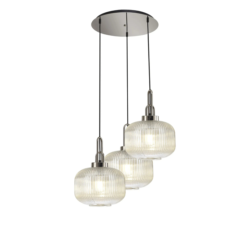 Photograph: Idolite Camille 2m Round Pendant, 3 x E27, Polished Nickel/Matt Black With 30cm Pumpkin Shaped Ribbed Champagne Glass