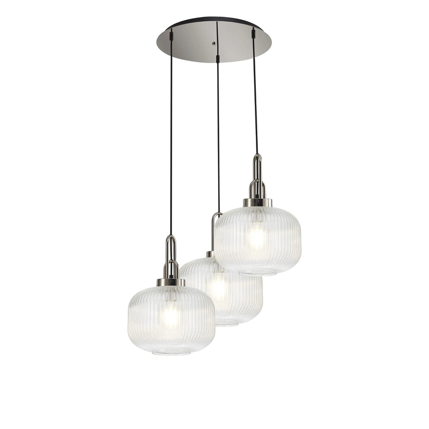 Photograph: Idolite Camille 2m Round Pendant, 3 x E27, Polished Nickel/Matt Black With 30cm Pumpkin Shaped Ribbed Clear Glass