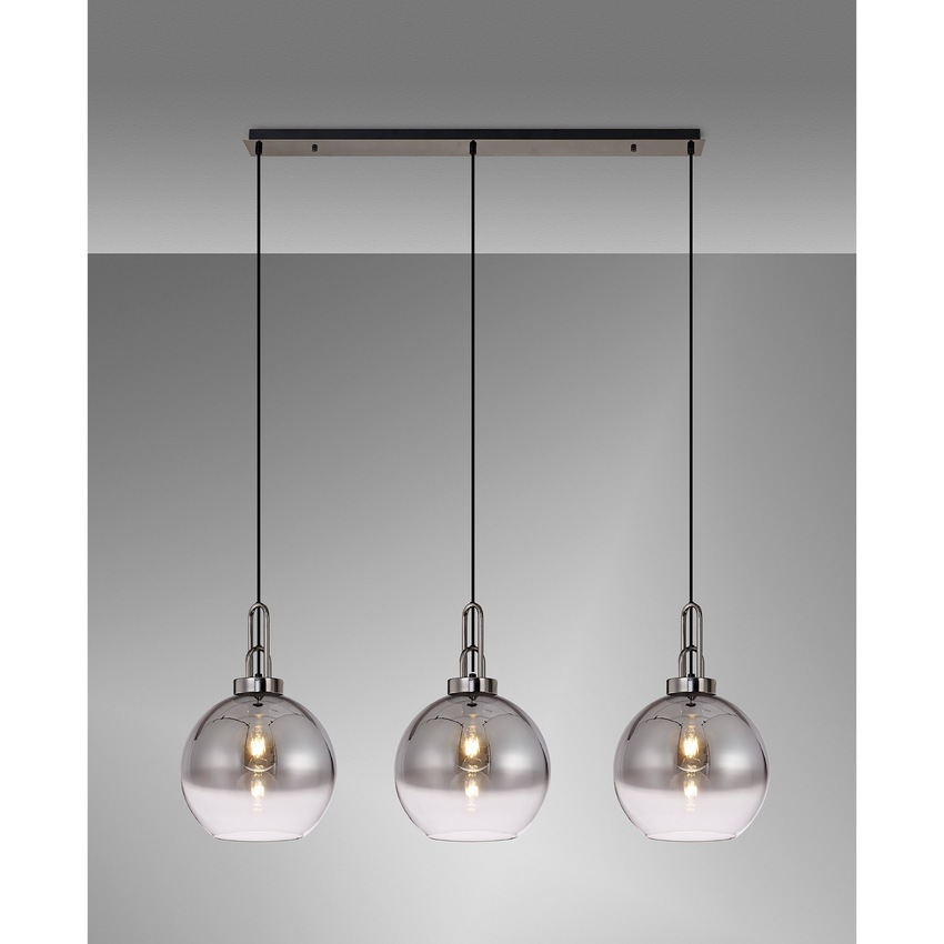 Photograph: Idolite Camille Black Chrome 3 Light Linear Bar Pendant With Smoked/Clear Ombre Glass Globes