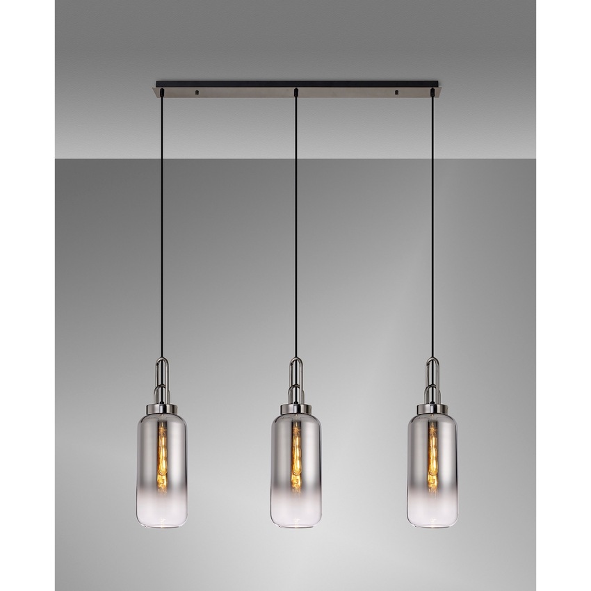 Photograph: Idolite Camille Black Chrome 3 Light Linear Bar Pendant With Smoked/Clear Ombre Glasses