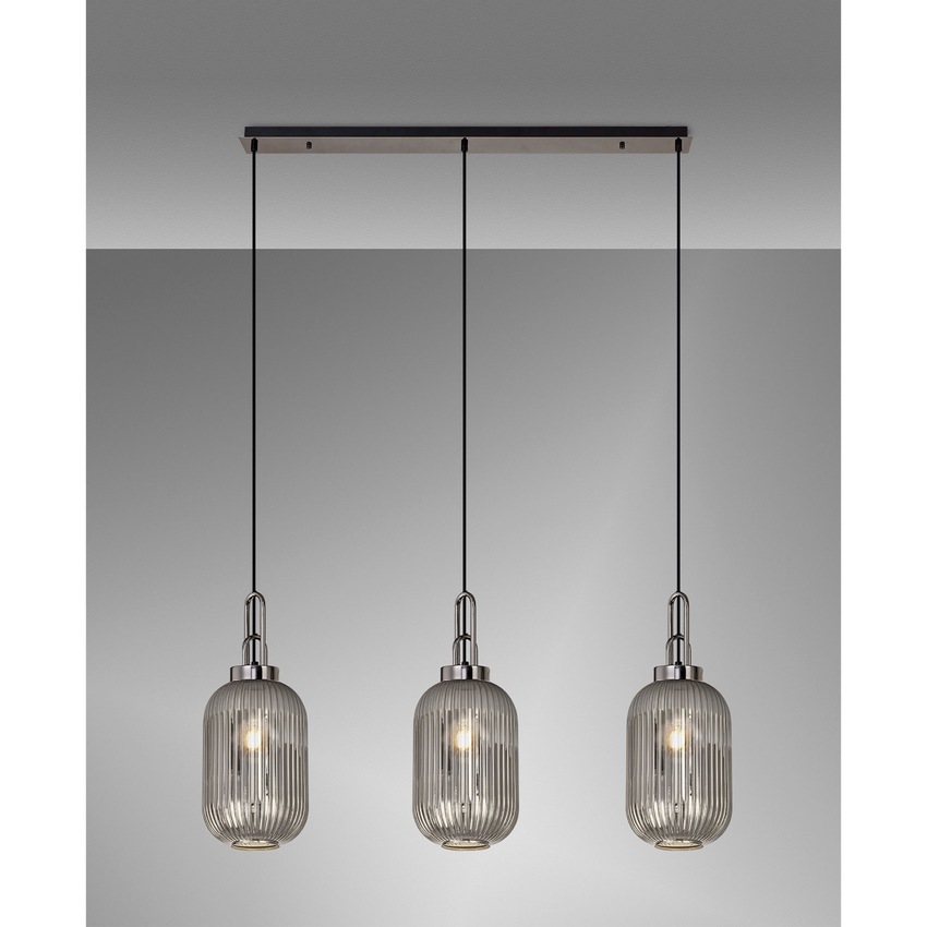 Photograph: Idolite Camille Black Chrome 3 Light Linear Bar Pendant With Smoked Ribbed Glasses