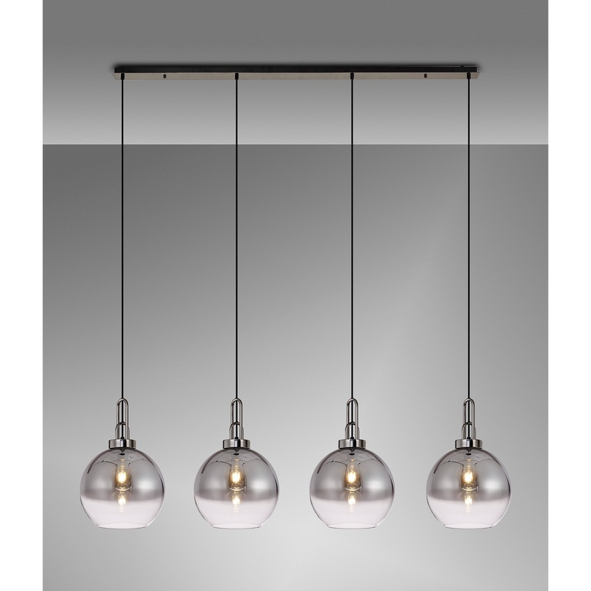 Photograph: Idolite Camille Black Chrome 4 Light Linear Bar Pendant With Smoked/Clear Ombre Glass Globes