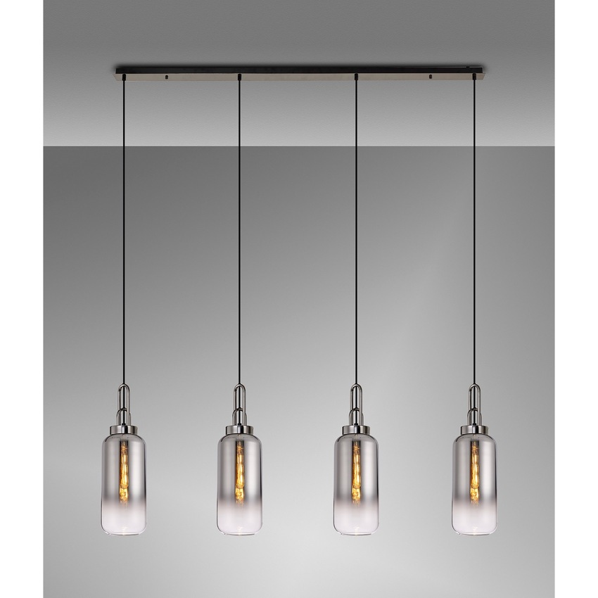 Photograph: Idolite Camille Black Chrome 4 Light Linear Bar Pendant With Smoked/Clear Ombre Glasses