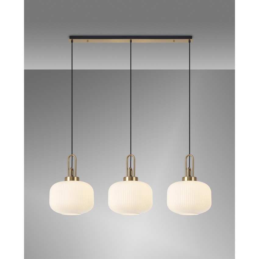 Photograph: Idolite Camille Brass Gold 3 Light Linear Bar Pendant With Opal Ribbed Glasses