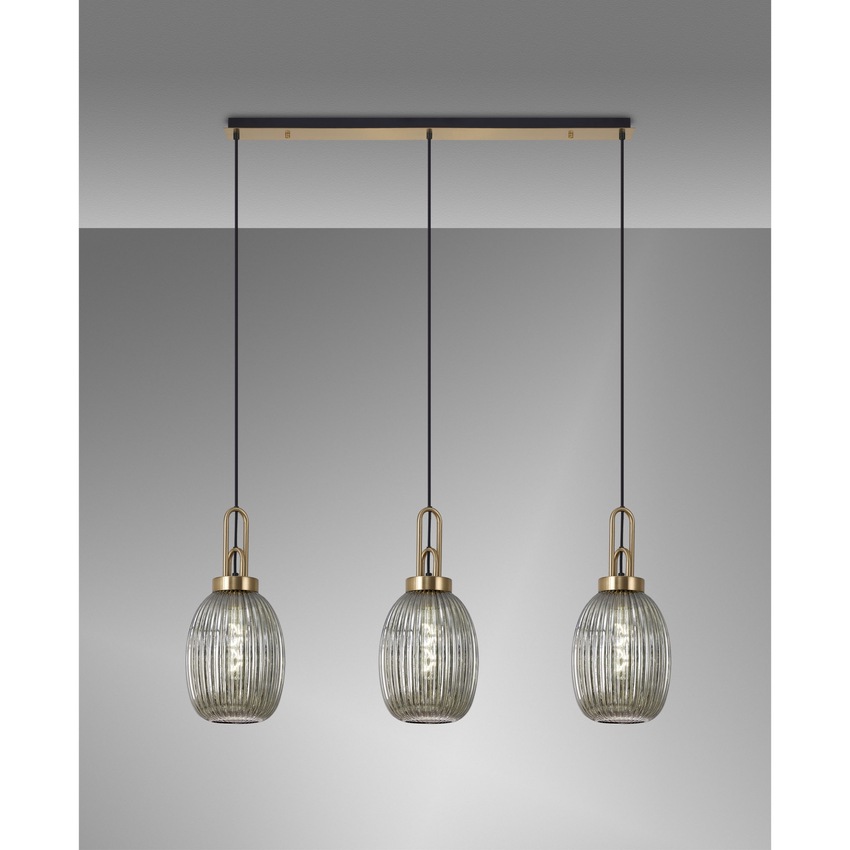 Photograph: Idolite Camille Brass Gold 3 Light Linear Bar Pendant With Smoked Ribbed Glasses