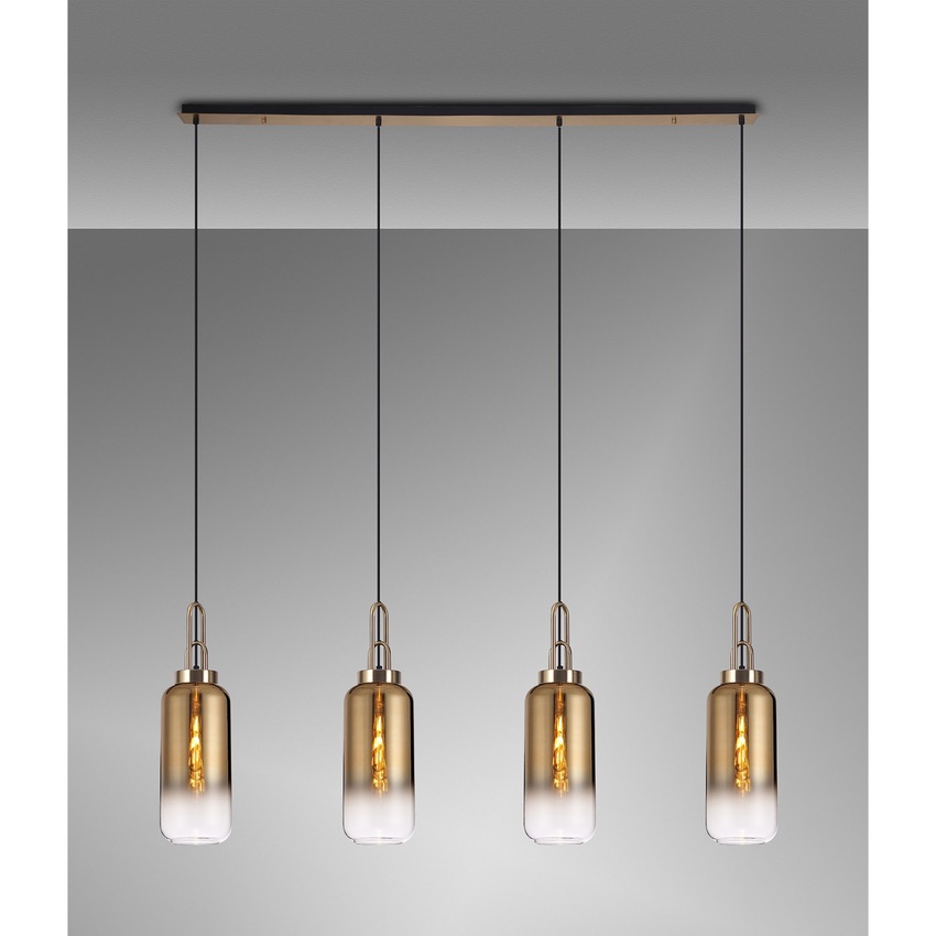 Photograph: Idolite Camille Brass Gold 4 Light Linear Bar Pendant With Brass Gold/Clear Ombre Glasses